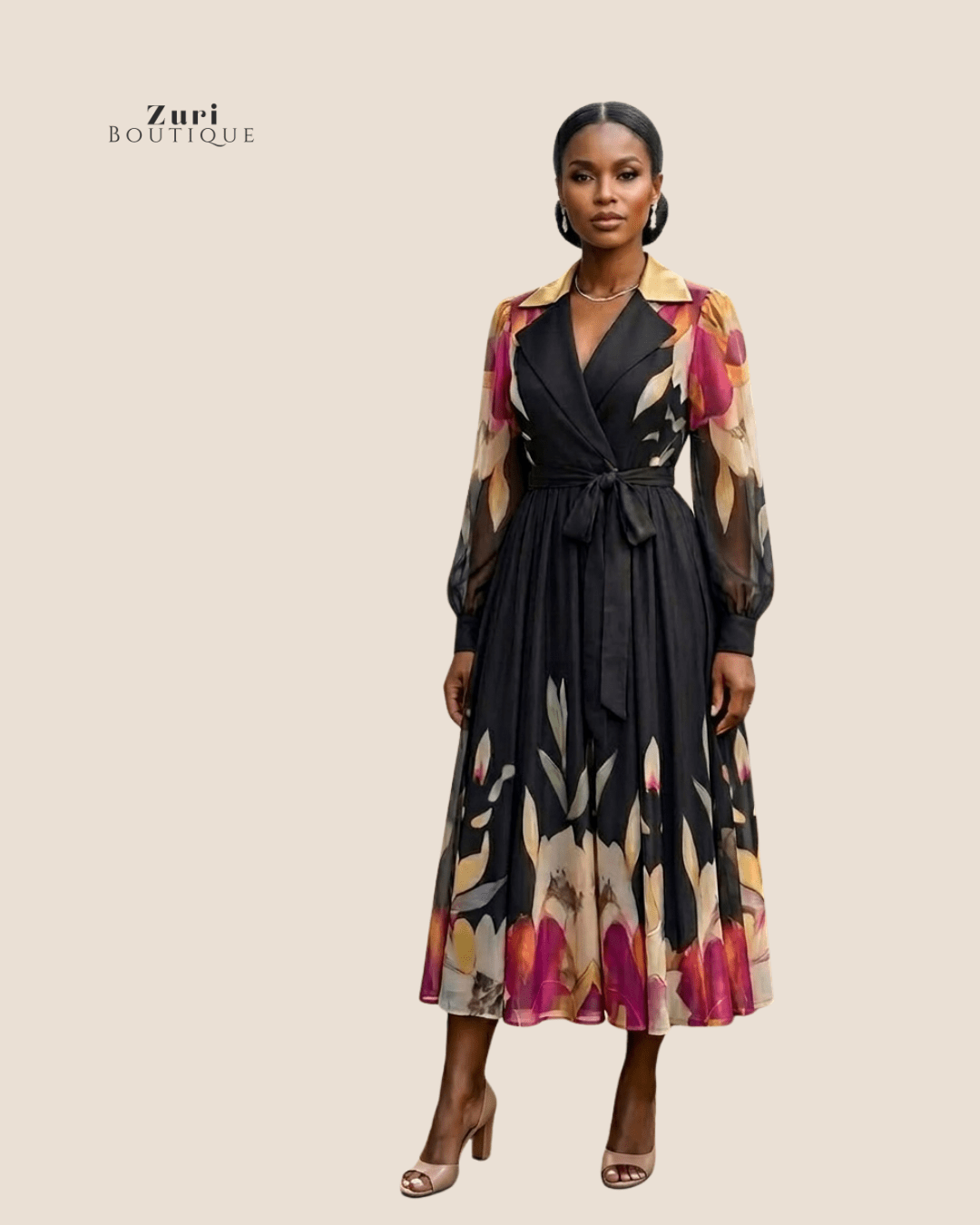 Floral Wrap Midi Dress | Watercolor Print Modest Formal Dress | Zuri Boutique - Zuri Boutique
