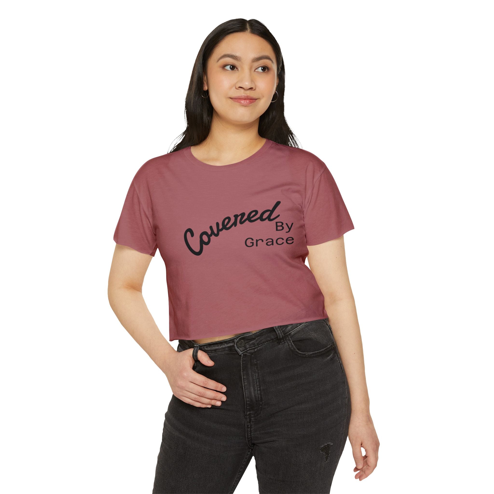 Covered By Grace Crop Top | Faith Christian Script Tee
