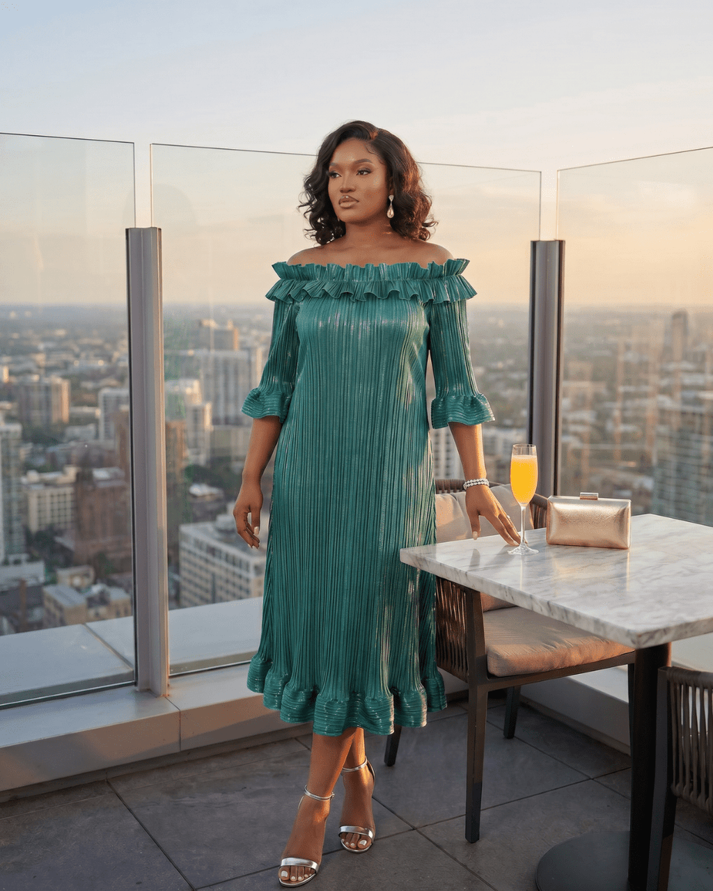 The Mirador Glimmer Pleated Midi Dress | Off - Shoulder Formal Dress | Zuri Boutique - Zuri Boutique