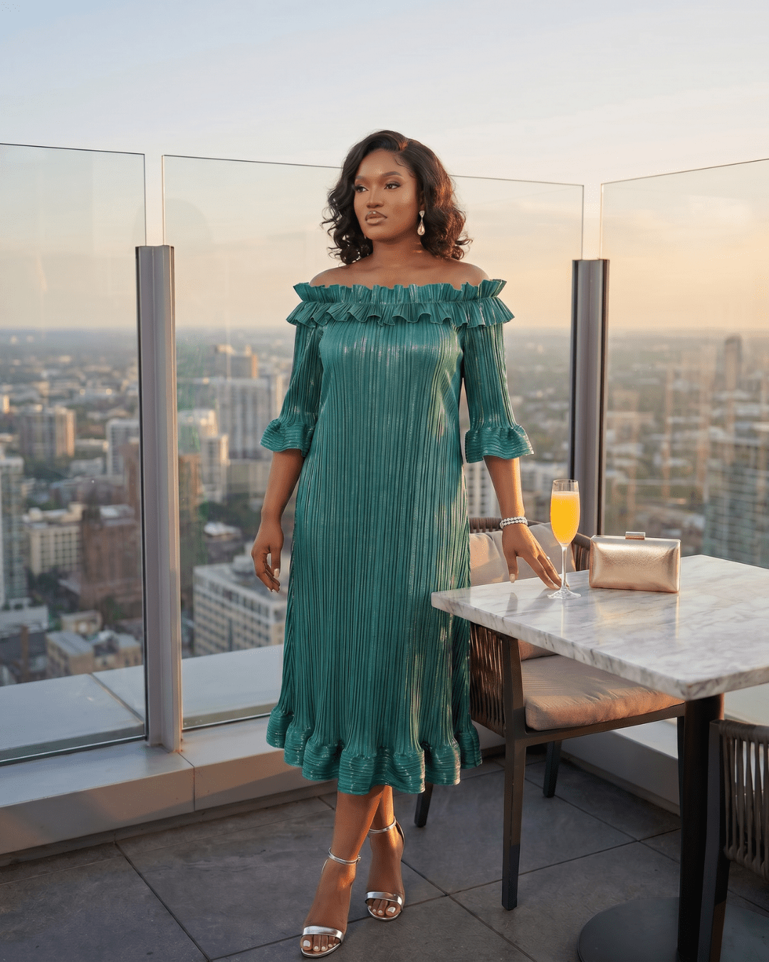 The Mirador Glimmer Pleated Midi Dress | Off - Shoulder Formal Dress | Zuri Boutique - Zuri Boutique