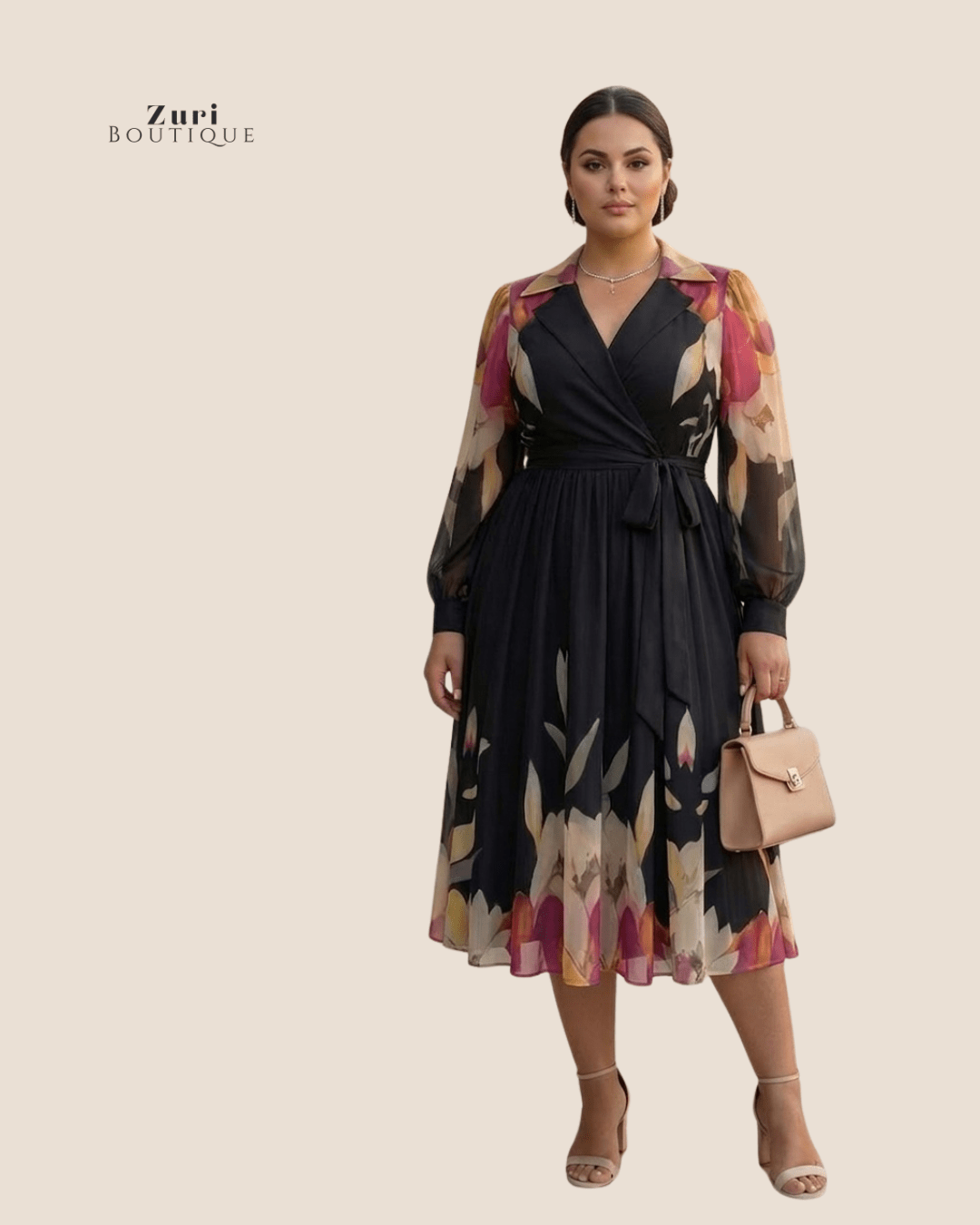 Floral Wrap Midi Dress | Watercolor Print Modest Formal Dress | Zuri Boutique - Zuri Boutique