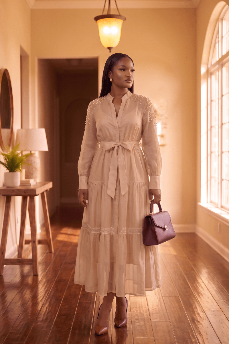 Celeste Pearl Beaded Dress | Formal Cocktail Midi