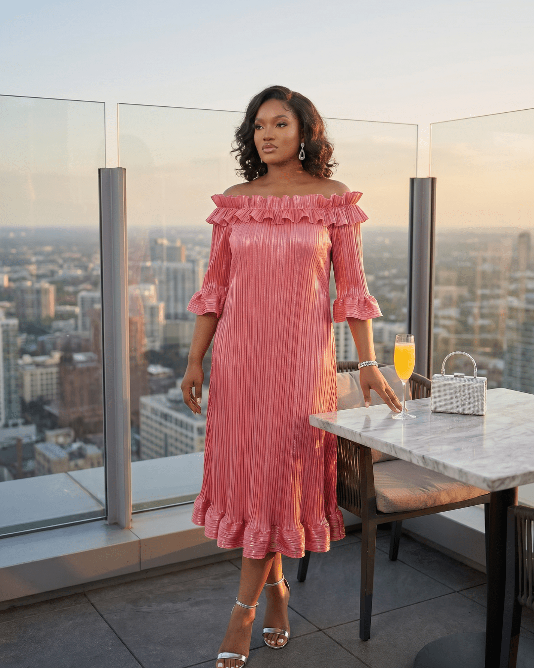 The Mirador Glimmer Pleated Midi Dress | Off - Shoulder Formal Dress | Zuri Boutique - Zuri Boutique