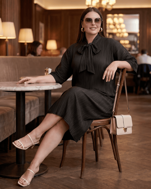 Effortless Pleated Tie - Neck Midi Dress | Wrinkle - Free Modest Dress | Zuri - Zuri Boutique
