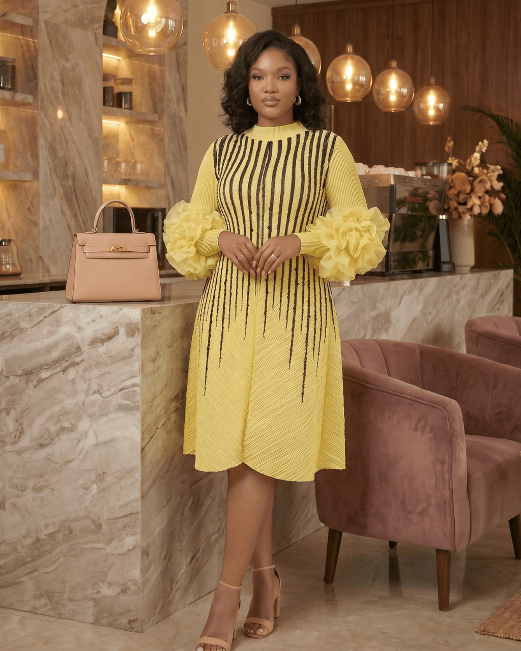 The Amara Grace Ruffle Sleeve Dress - Casual Elegance with a Luxurious Touch - Zuri Boutique