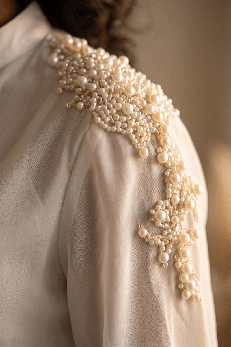 bead pearl work on dresses Pearl Mist Off-White Gown with CutDana and Beads Work