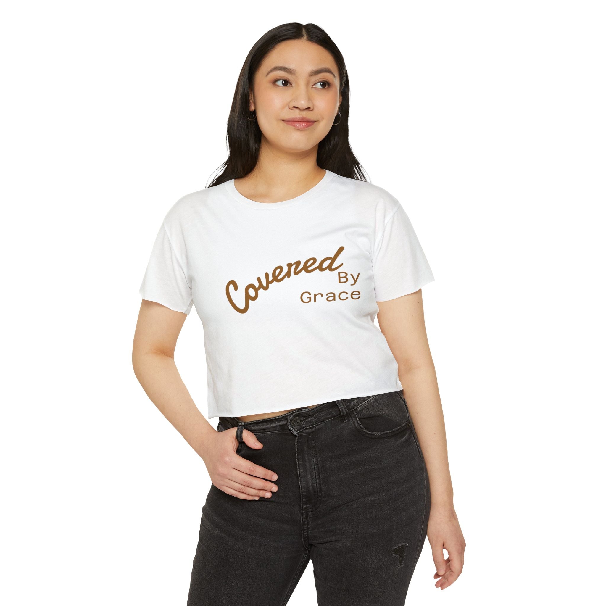 Covered By Grace Crop Top | Faith Christian Script Tee