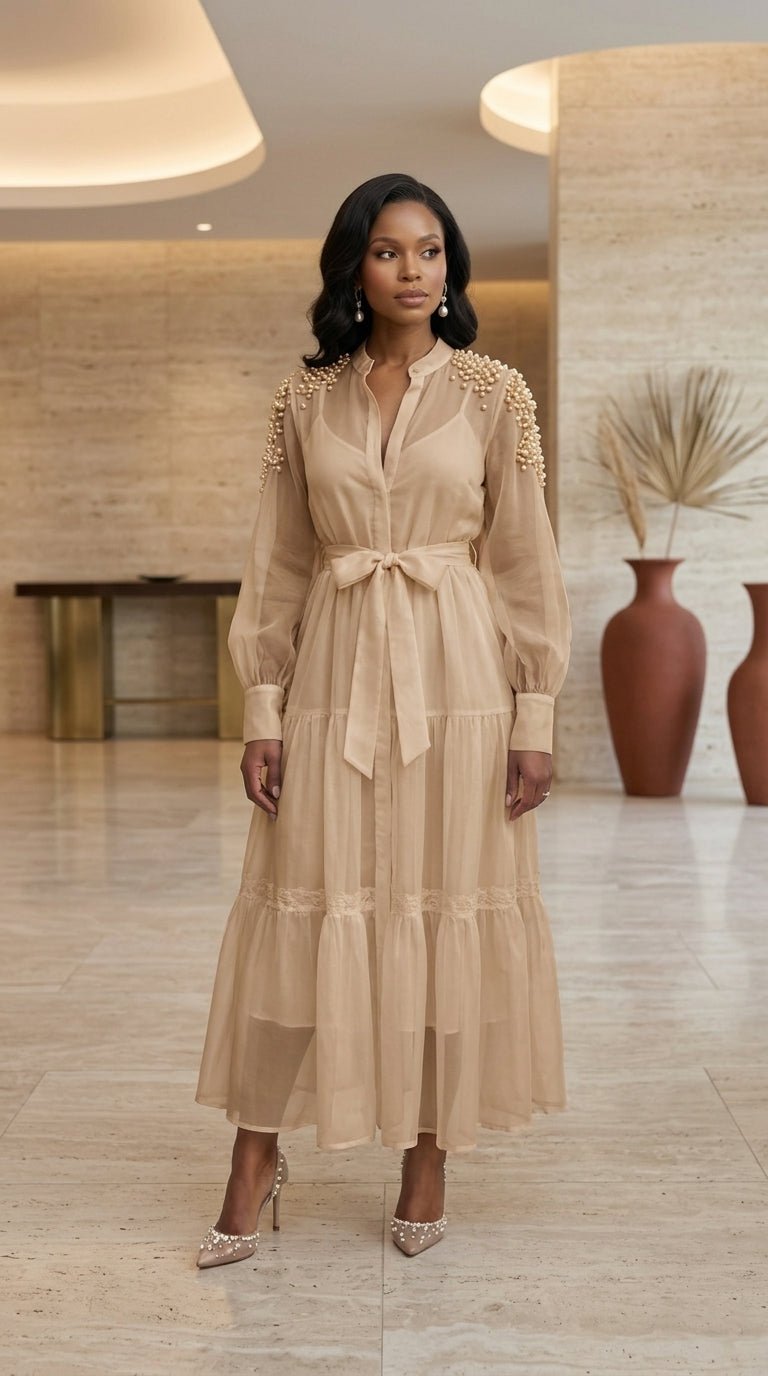 Pearl Beaded Midi Dress | Elegant Formal Dress for Women | Zuri Boutique - Zuri Boutique