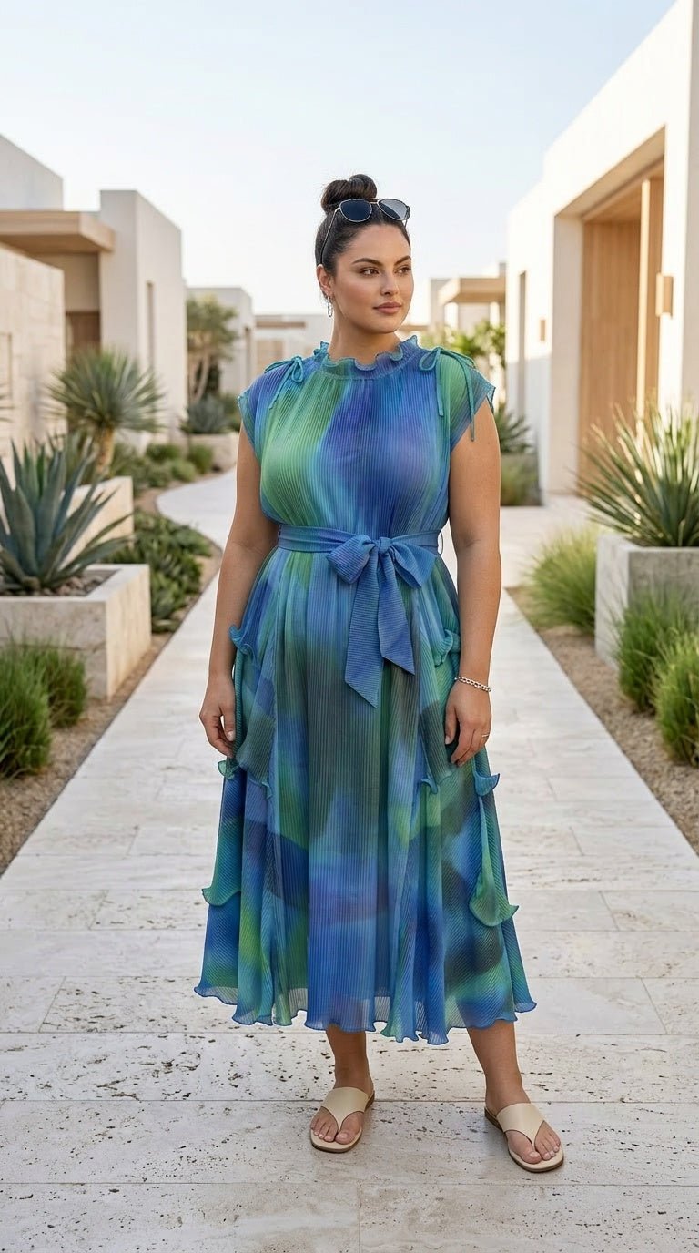 Pleated Chiffon Midi Dress | Ocean Gradient Modest Dress for Women | Zuri Boutique - Zuri Boutique