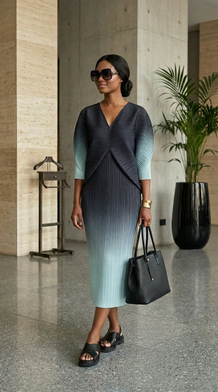 Ombre Blue Gradient Miyake-Inspired Pleated Kaftan, - Zuri Boutique