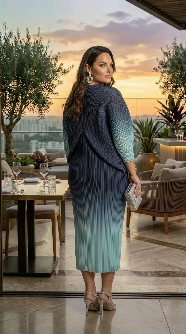 Ombre Blue Gradient Miyake-Inspired Pleated Kaftan, - Zuri Boutique