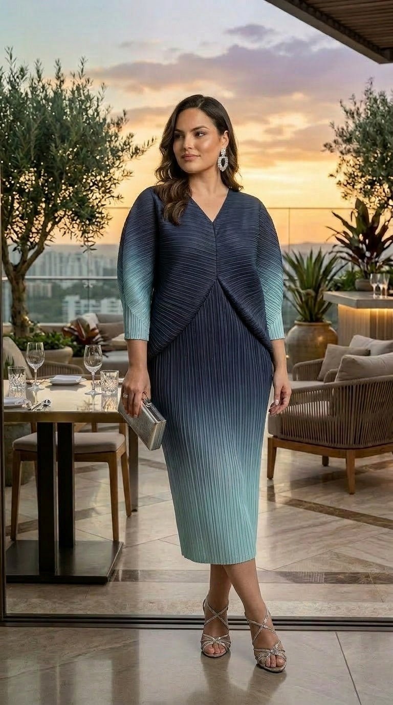 Ombre Blue Gradient Miyake-Inspired Pleated Kaftan, - Zuri Boutique