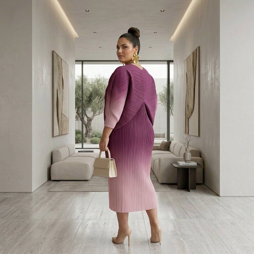 Ombre Burgundy Gradient Miyake-Inspired Pleated Kaftan, - Zuri Boutique