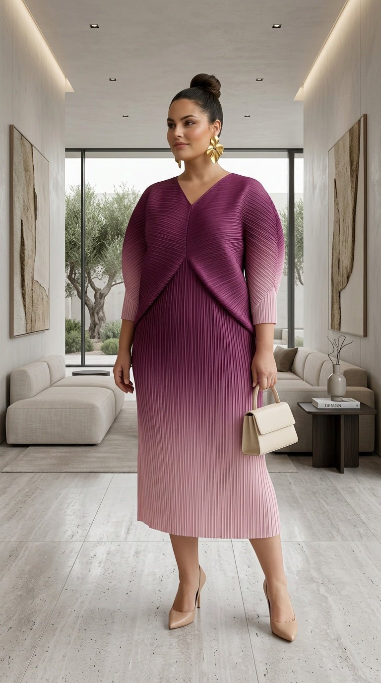 Ombre Burgundy Gradient Miyake-Inspired Pleated Kaftan, - Zuri Boutique