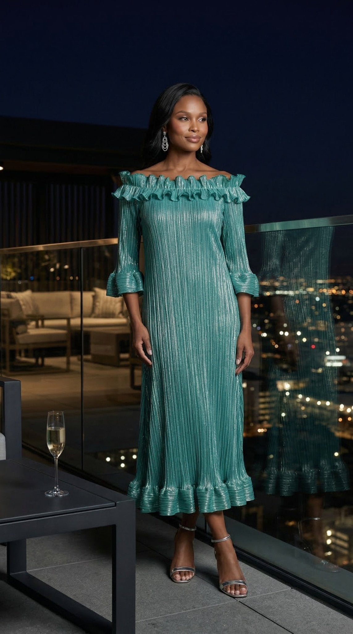 Glimmer Pleated Midi Dress | Off - Shoulder Formal Dress for Women | Zuri Boutique - Zuri Boutique