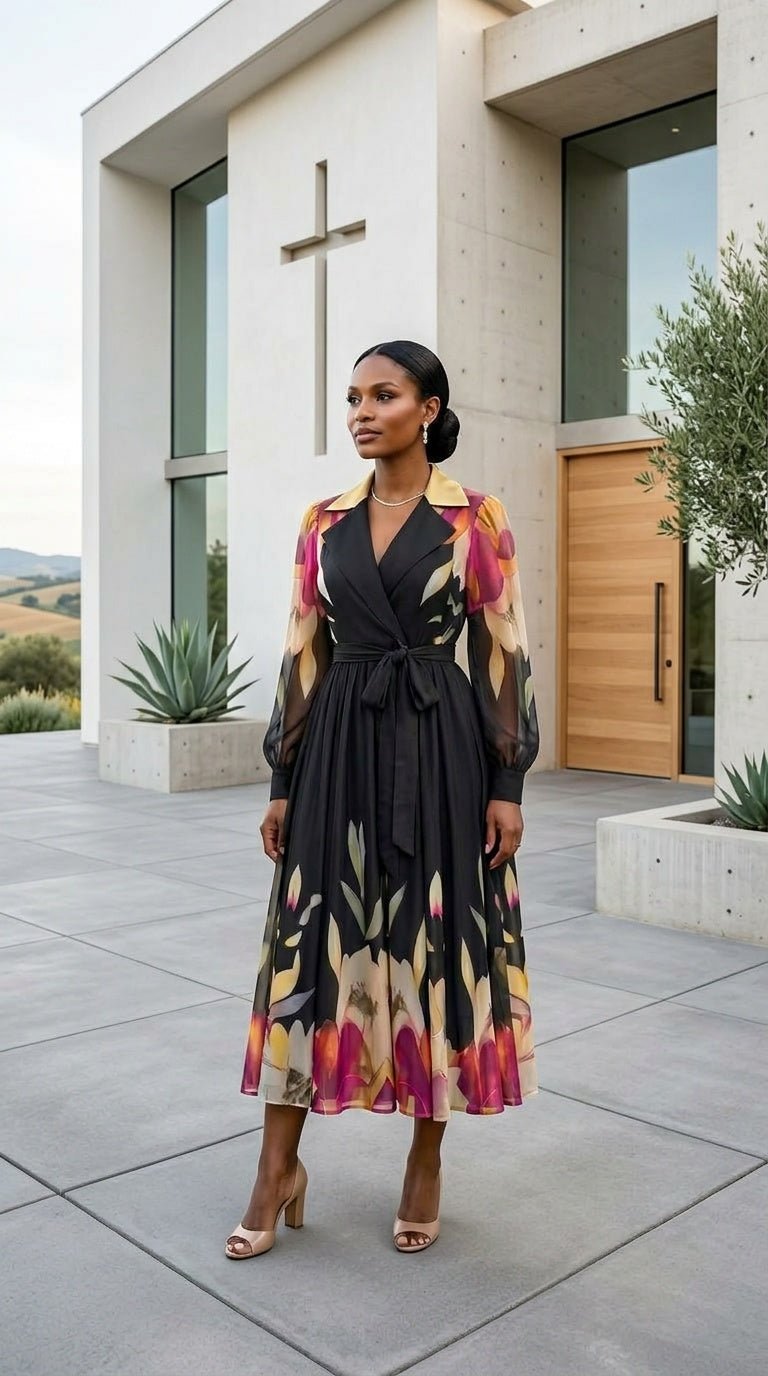 Floral Wrap Midi Dress | Watercolor Print Modest Formal Dress | Zuri Boutique - Zuri Boutique