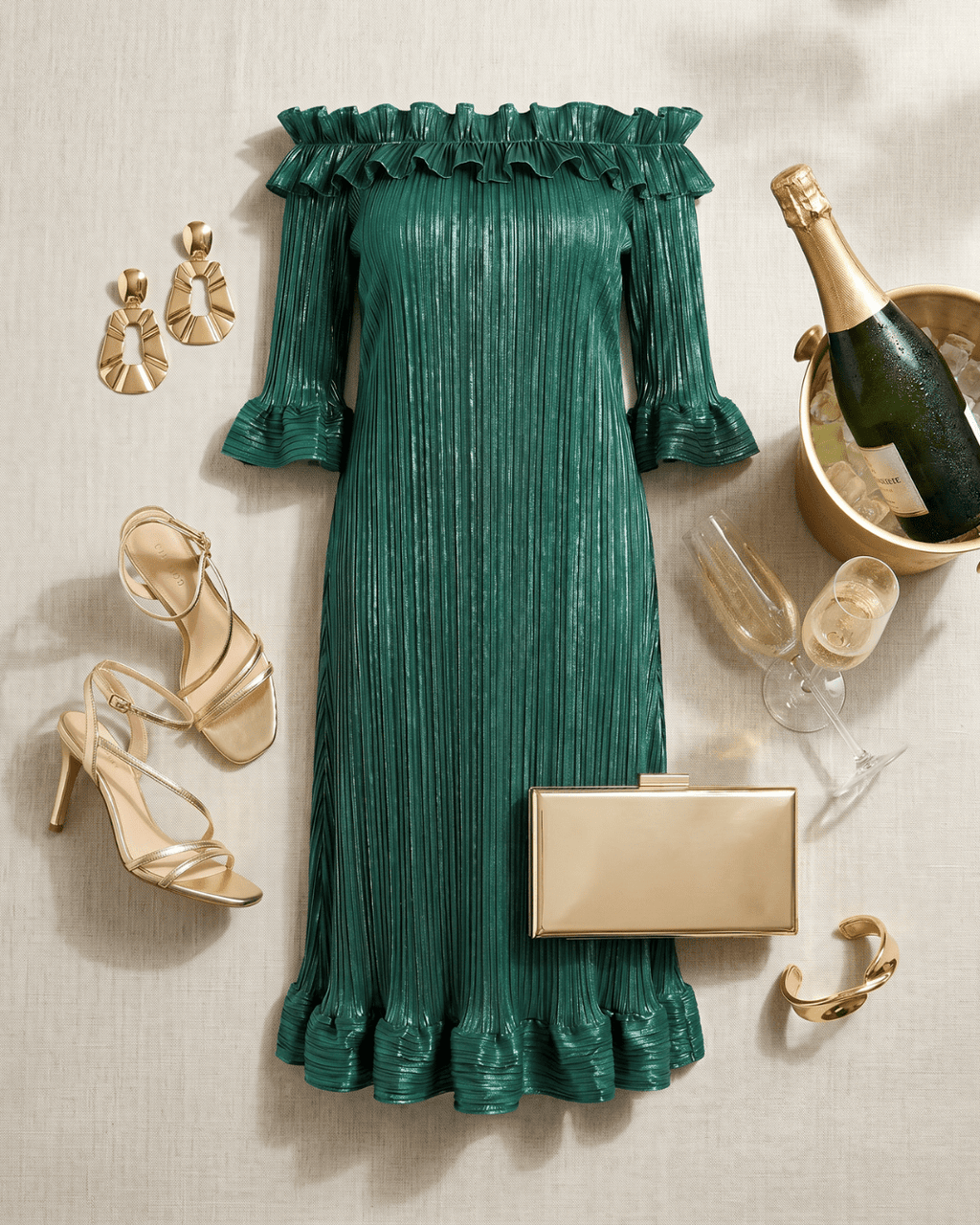 The Mirador Glimmer Pleated Midi Dress | Off - Shoulder Formal Dress | Zuri Boutique - Zuri Boutique