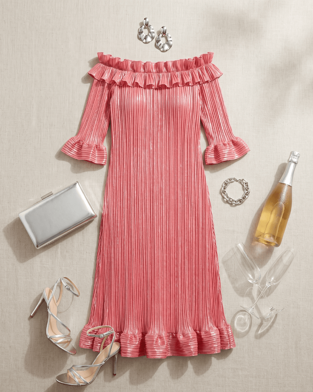 The Mirador Glimmer Pleated Midi Dress | Off - Shoulder Formal Dress | Zuri Boutique - Zuri Boutique