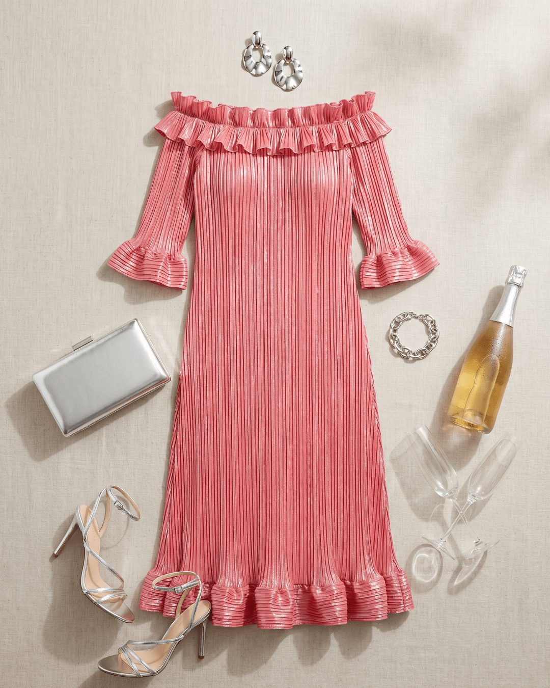 The Mirador Glimmer Pleated Midi Dress | Off - Shoulder Formal Dress | Zuri Boutique - Zuri Boutique
