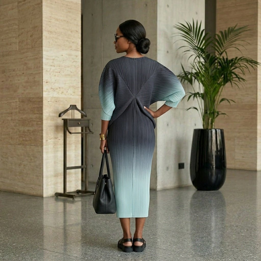 Ombre Blue Gradient Miyake-Inspired Pleated Kaftan, - Zuri Boutique