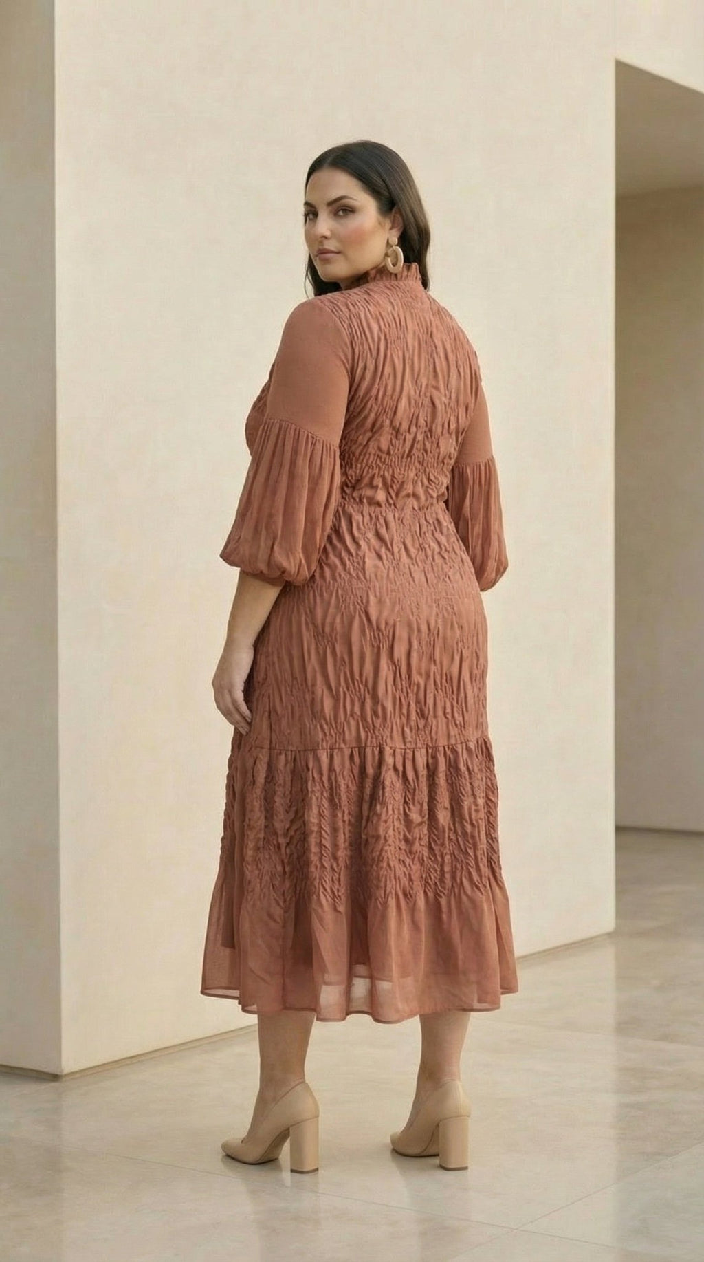 Smocked Midi Dress | Textured Mock Neck Formal Dress for Women | Zuri Boutique - Zuri Boutique