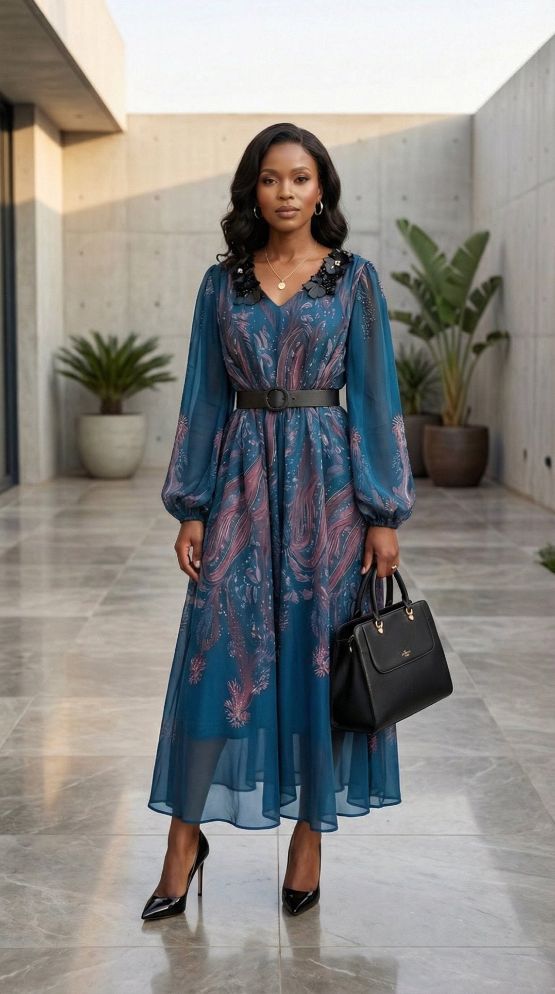 Embellished Floral Midi Dress Chiffon Formal Dress for Women | Zuri Boutique Santorini Blue / L Embellished Floral Midi Dress Chiffon Formal Dress for Women | Zuri Boutique Santorini Blue / L