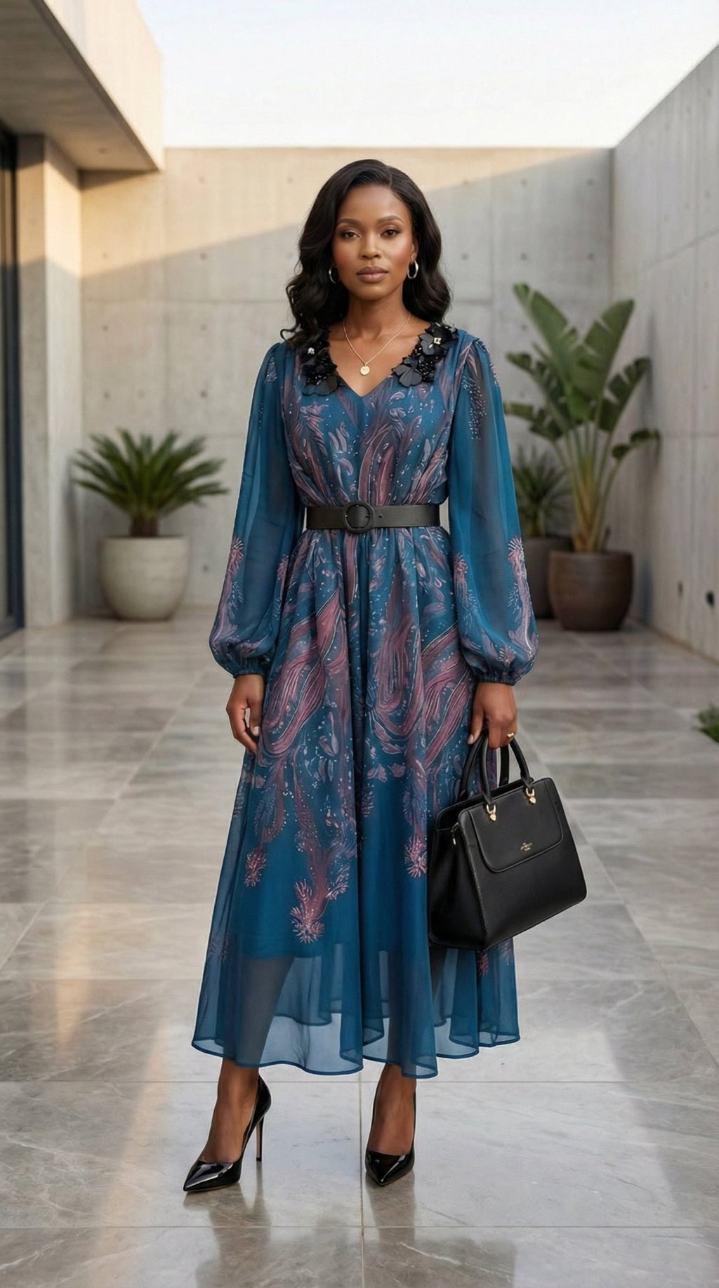 Embellished Floral Midi Dress | Chiffon Formal Dress for Women | Zuri Boutique - Zuri Boutique