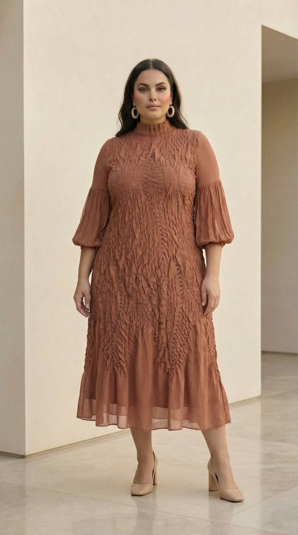 Smocked Midi Dress | Textured Mock Neck Formal Dress for Women | Zuri Boutique - Zuri Boutique