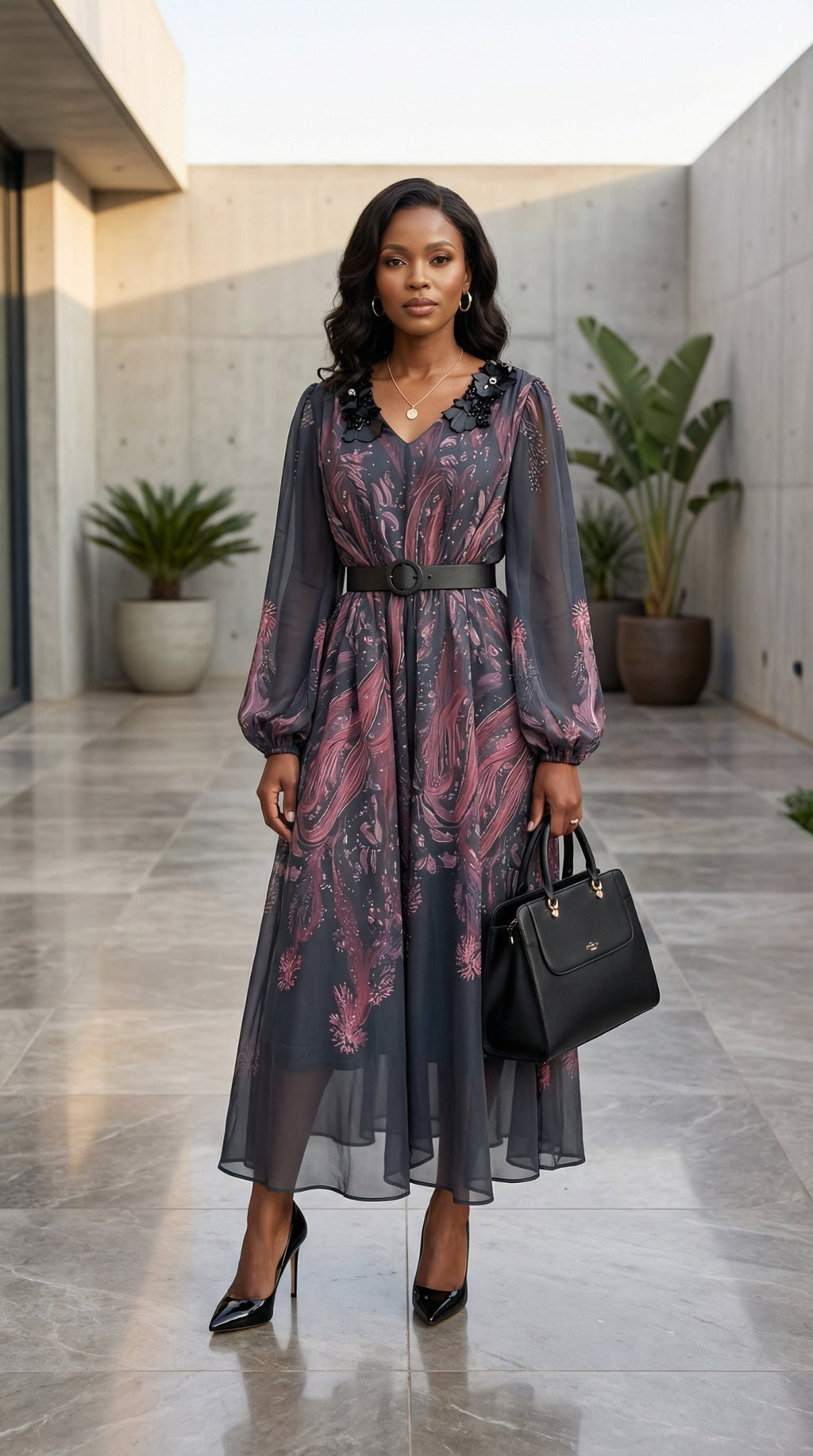 Embellished Floral Midi Dress | Chiffon Formal Dress for Women | Zuri Boutique - Zuri Boutique