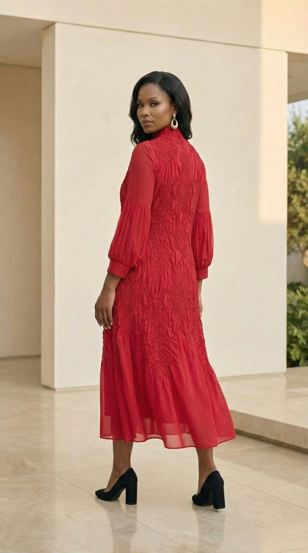 Smocked Midi Dress | Textured Mock Neck Formal Dress for Women | Zuri Boutique - Zuri Boutique
