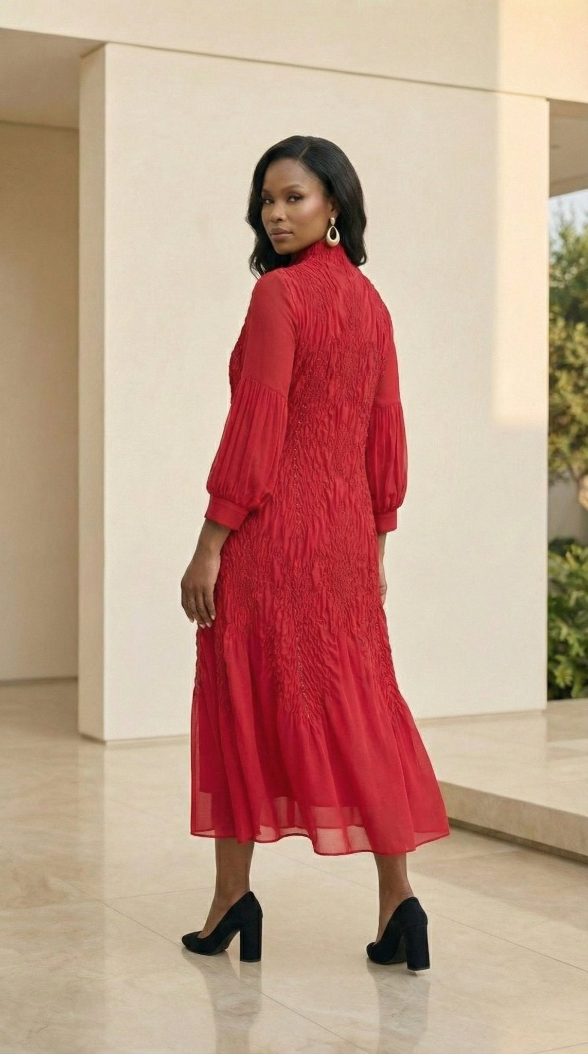 Smocked Midi Dress | Textured Mock Neck Formal Dress for Women | Zuri Boutique - Zuri Boutique
