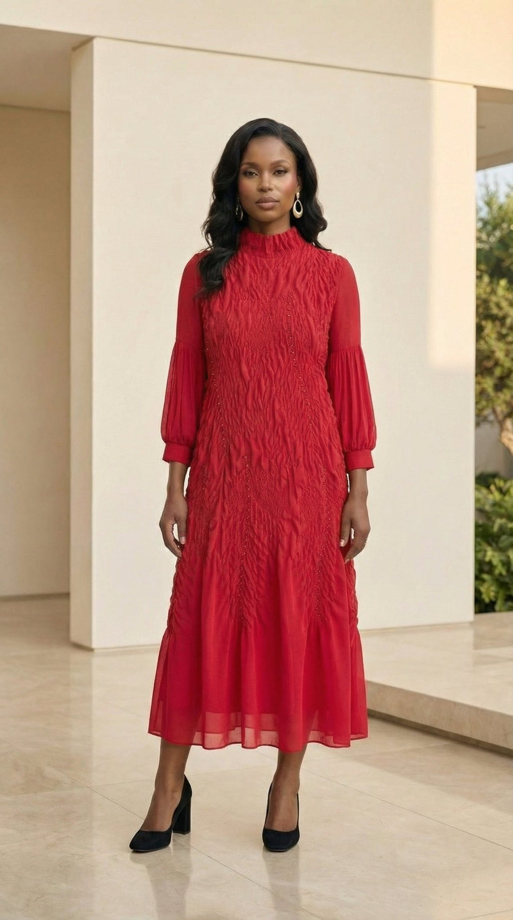 Smocked Midi Dress | Textured Mock Neck Formal Dress for Women | Zuri Boutique - Zuri Boutique