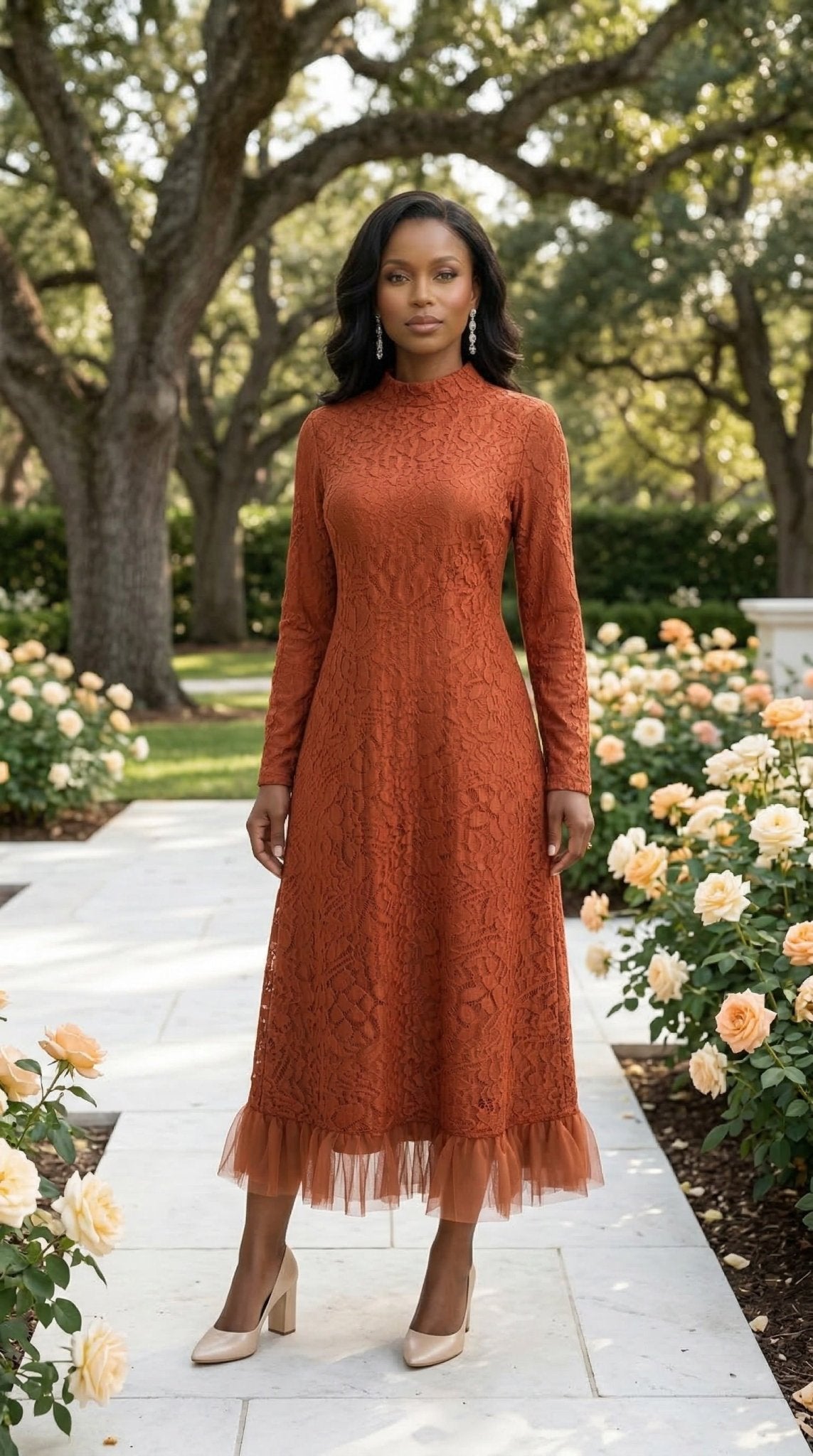 Ruffled Hem Midi Dress | Mock Neck Long Sleeve Formal Dress | Zuri Boutique - Zuri Boutique
