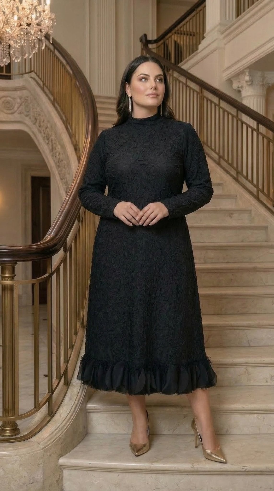 Ruffled Hem Midi Dress | Mock Neck Long Sleeve Formal Dress | Zuri Boutique - Zuri Boutique