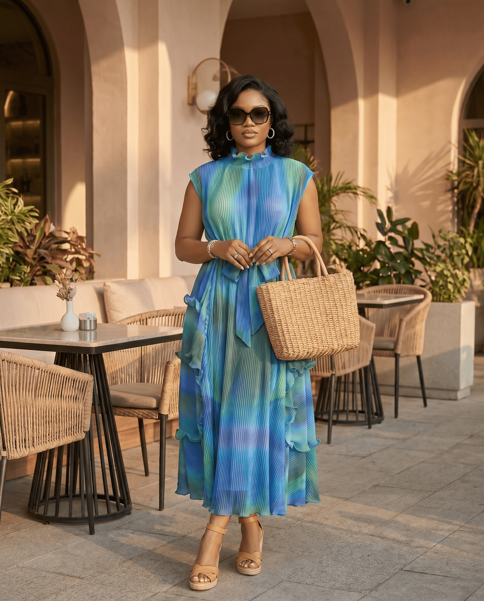 Pleated Chiffon Midi Dress | Ocean Gradient Modest Dress for Women | Zuri Boutique - Zuri Boutique