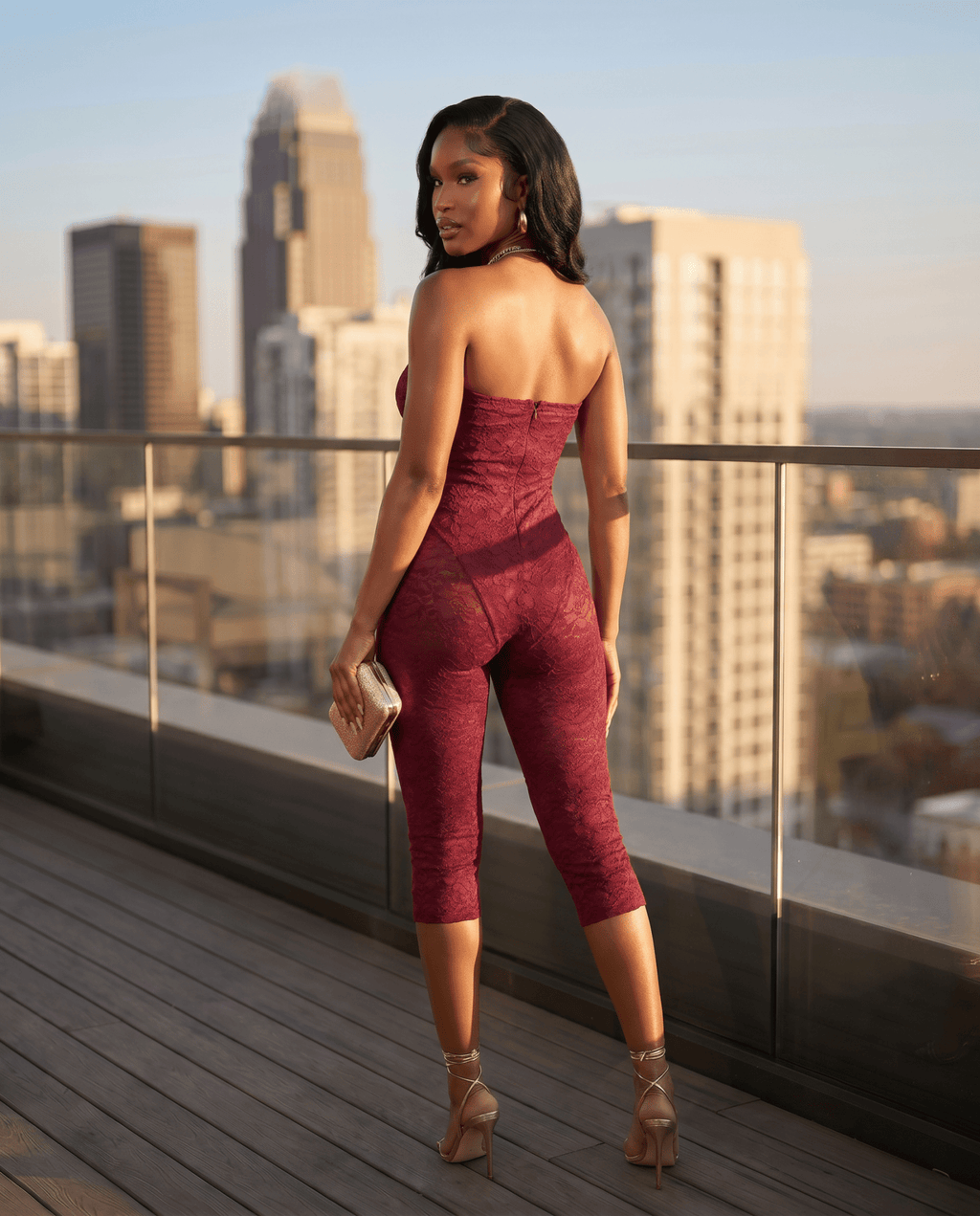 After Dark – Deep Wine Strapless Sheer Lace Bodycon Jumpsuit - Zuri Boutique