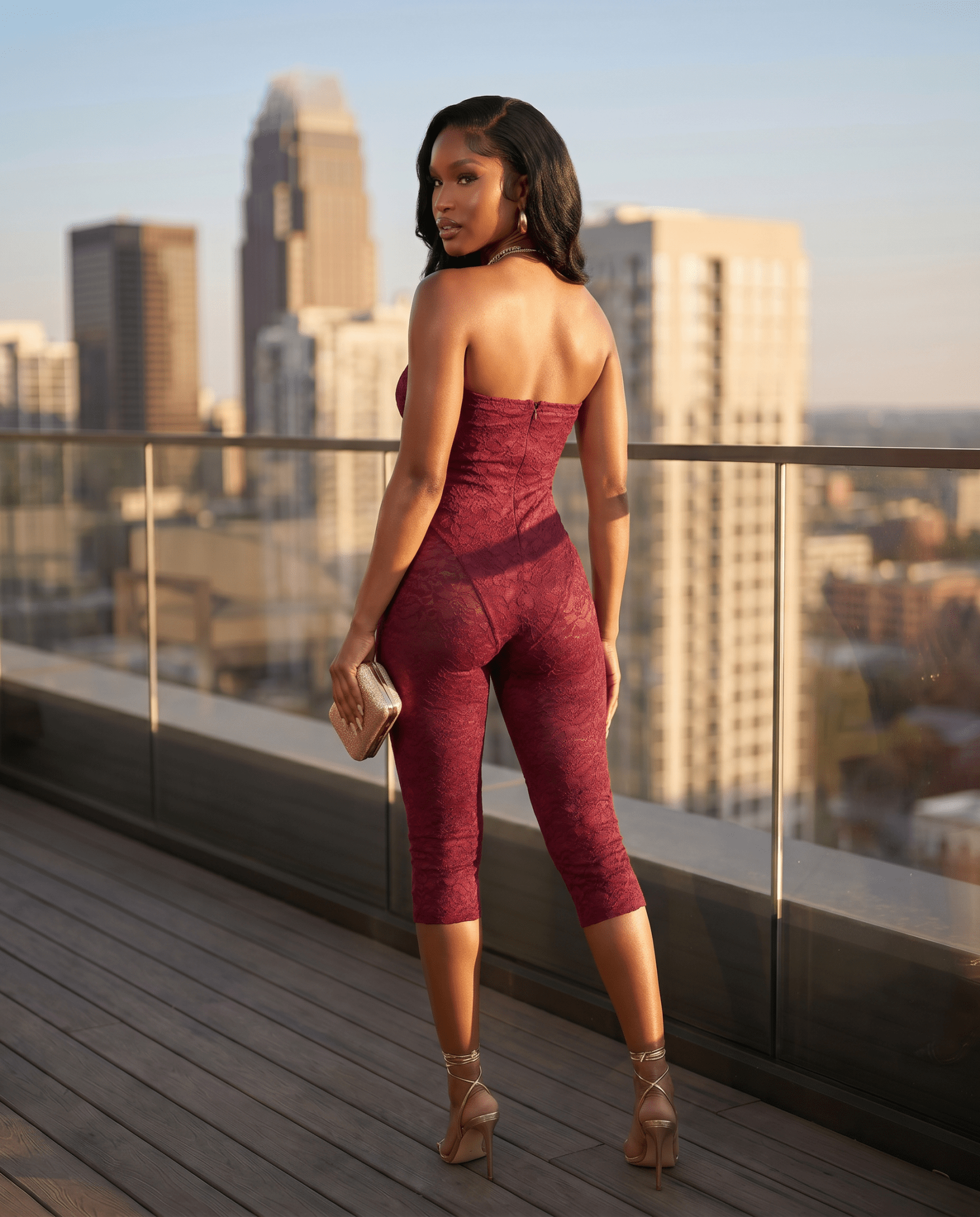 After Dark – Deep Wine Strapless Sheer Lace Bodycon Jumpsuit - Zuri Boutique