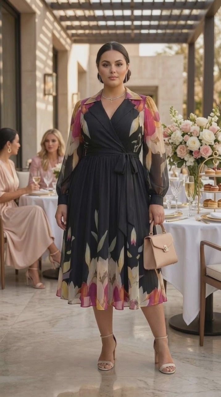 Floral Wrap Midi Dress | Watercolor Print Modest Formal Dress | Zuri Boutique