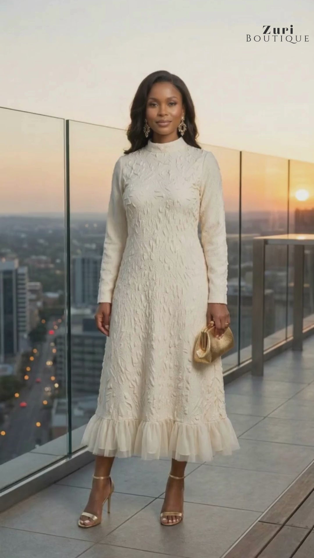 Ruffled Hem Midi Dress | Mock Neck Long Sleeve Formal Dress | Zuri Boutique